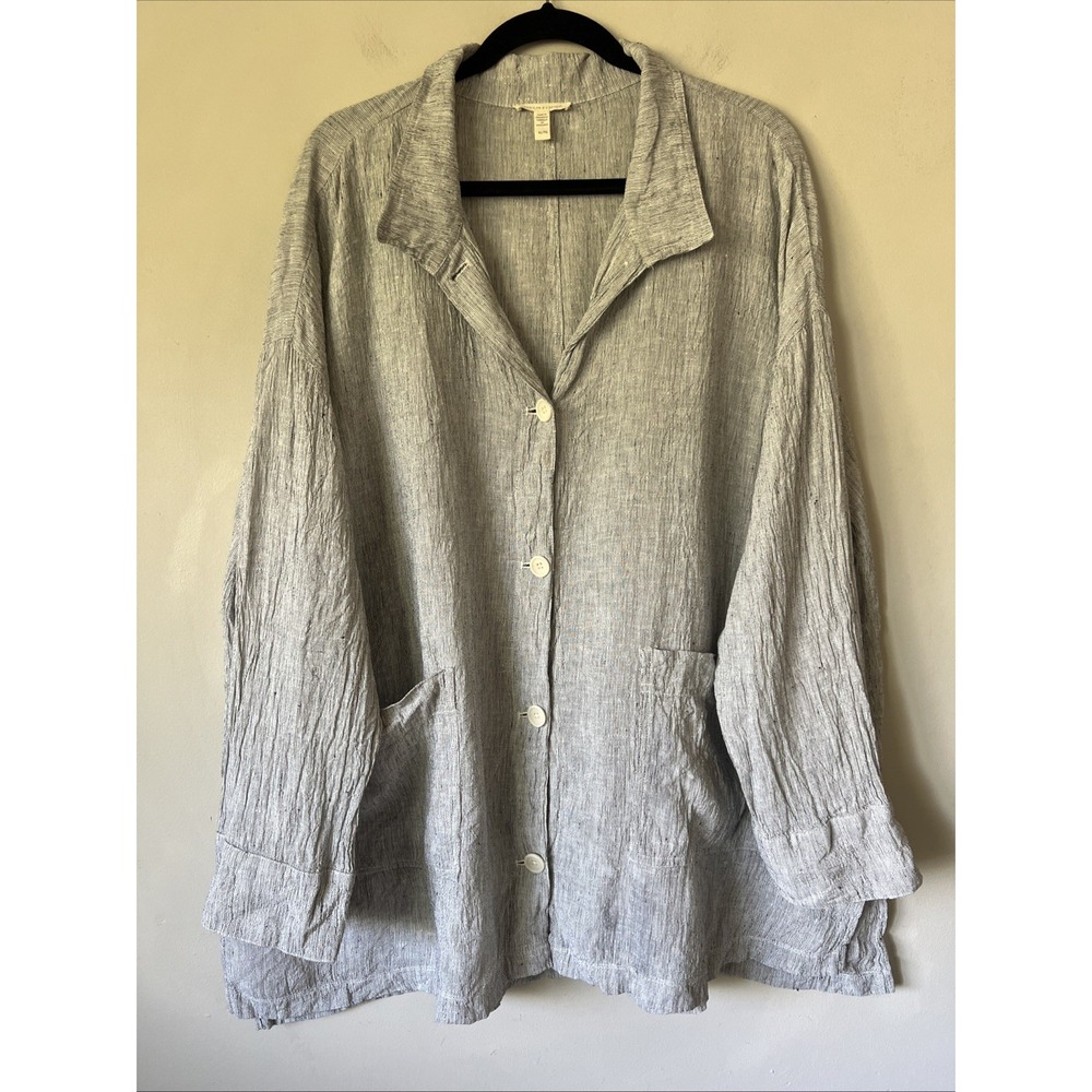Eileen Fisher 100% Organic Linen Button Down Tunic Shirt Grey White XL Oversized